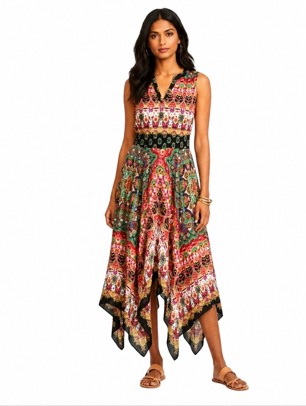 Bila Multicolor Handkerchief-Hem Midi Dress